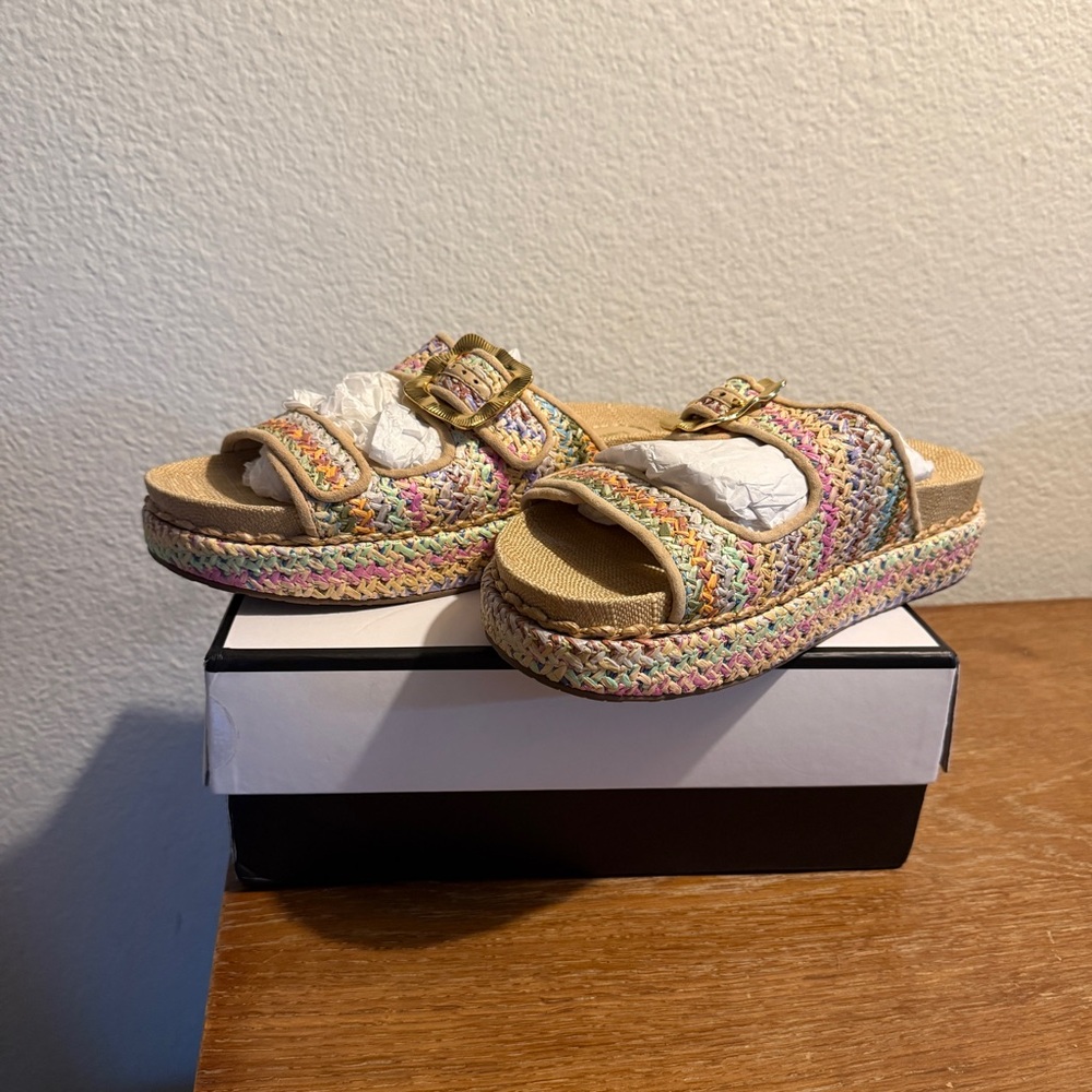 NWT Larroude Maui Slide in Tapestry Rainbow Raffia and Beige Trimming size 9.5